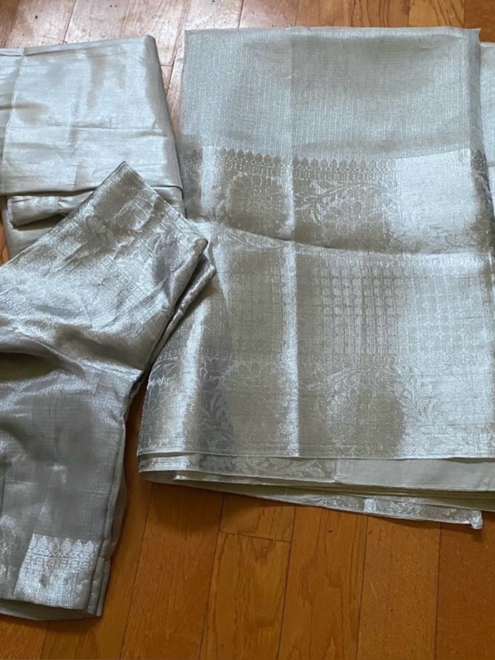 Full silver saree with blouse and shiny skirt